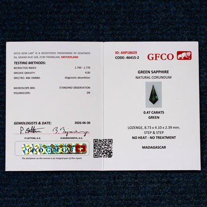 GFCO Gem Lab report AXP18629 for 0.47 ct natural green lozenge sapphire, SKU BNS164