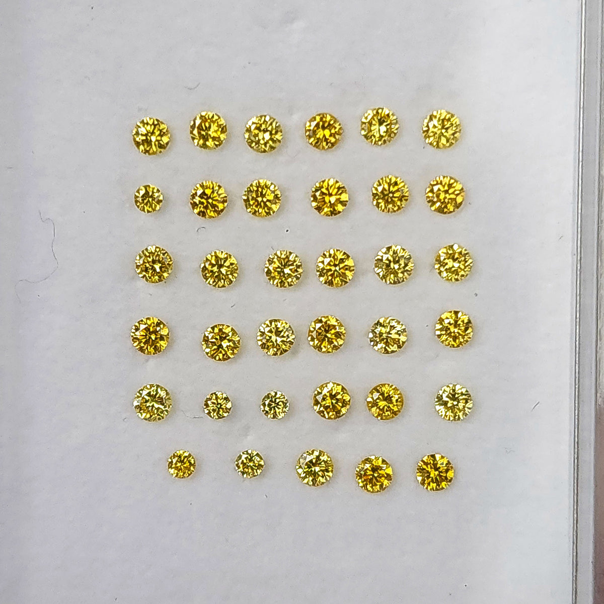Face-up yellow round diamonds arranged in rows on a white display pad.