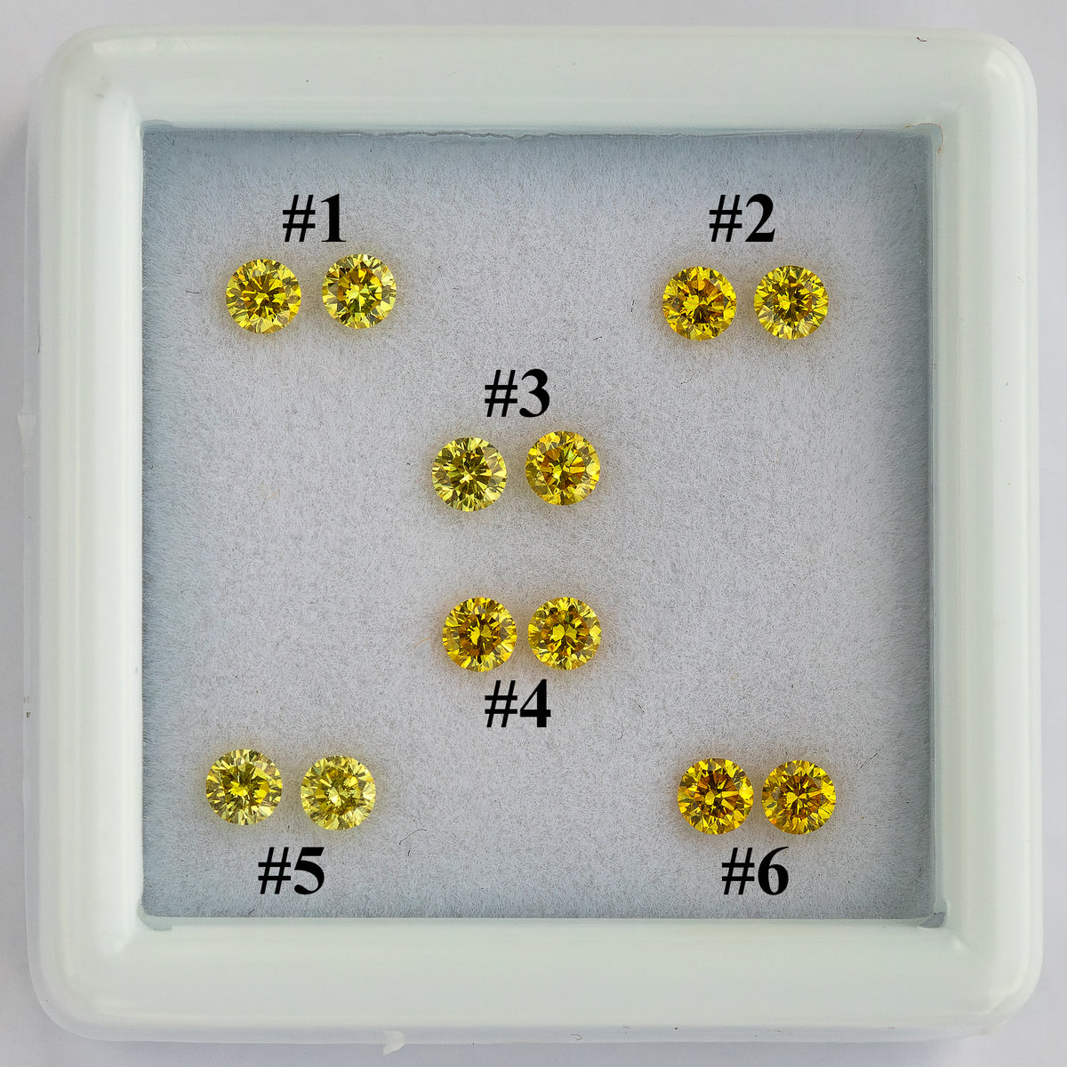 Numbered white-tray selection view of yellow diamond pairs #1–6.