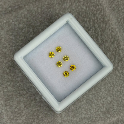 Three yellow diamond pairs in a white tray at a diagonal angle on a grey surface.