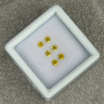 Angled tray view of three yellow diamond pairs on a textured grey surface.