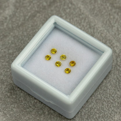 Low angled white tray containing three yellow diamond pairs on a grey surface.