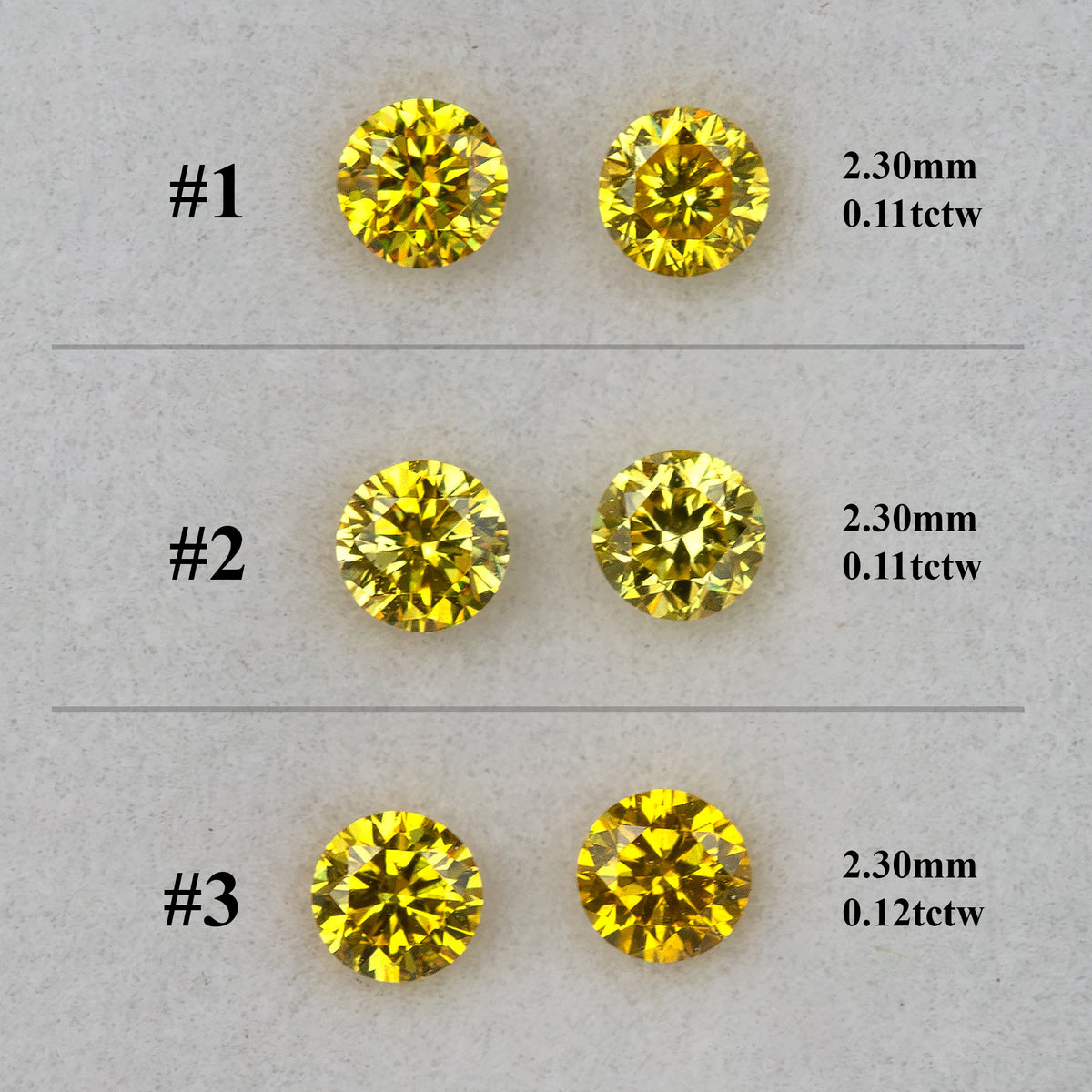 Numbered chart: pair #1 and #2 each 2.30mm, 0.11ctw; pair #3 2.30mm, 0.12ctw.