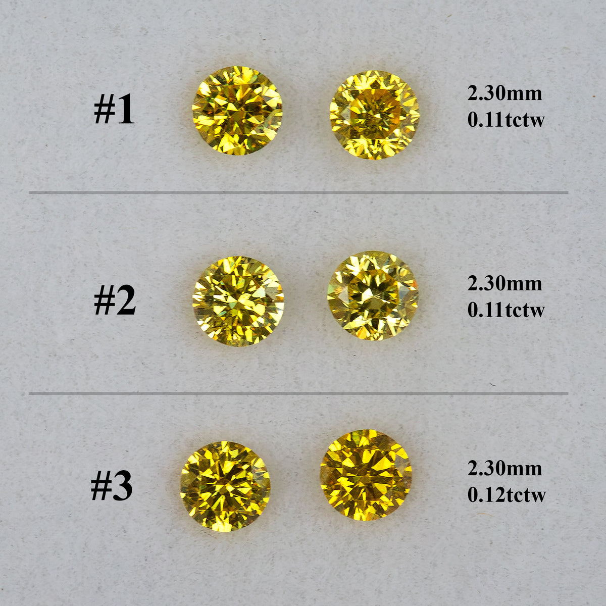 Alternate numbered chart showing pairs #1–3, 2.30mm and their 0.11ctw or 0.12ctw total weights.