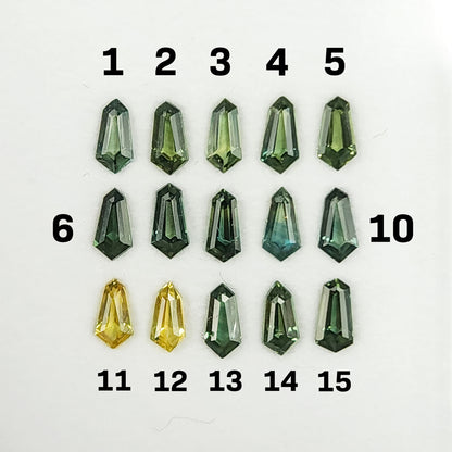 Numbered selection photo showing sapphires 1–15 in three rows; a purchase is for one selected stone.