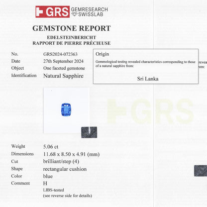 GRS Certified 5.06 ct. Natural Blue Sapphire Cushion Ceylon Sri Lanka Heated