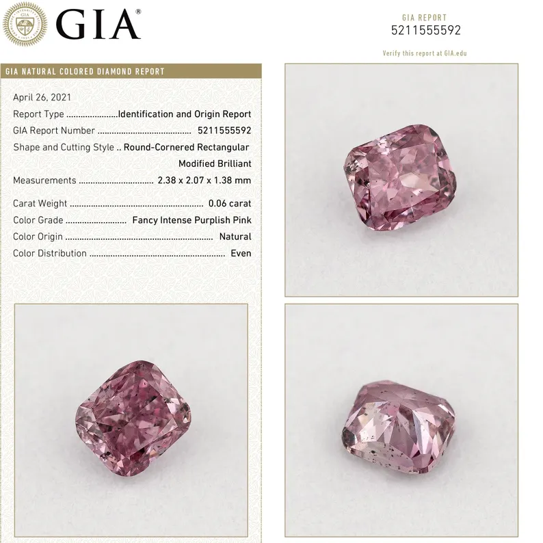 GIA Certified 0.06ct Fancy Intense Purplish Pink Natural Argyle Pink Diamond Cushion Brilliant
