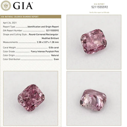 GIA Certified 0.06ct Fancy Intense Purplish Pink Natural Argyle Pink Diamond Cushion Brilliant