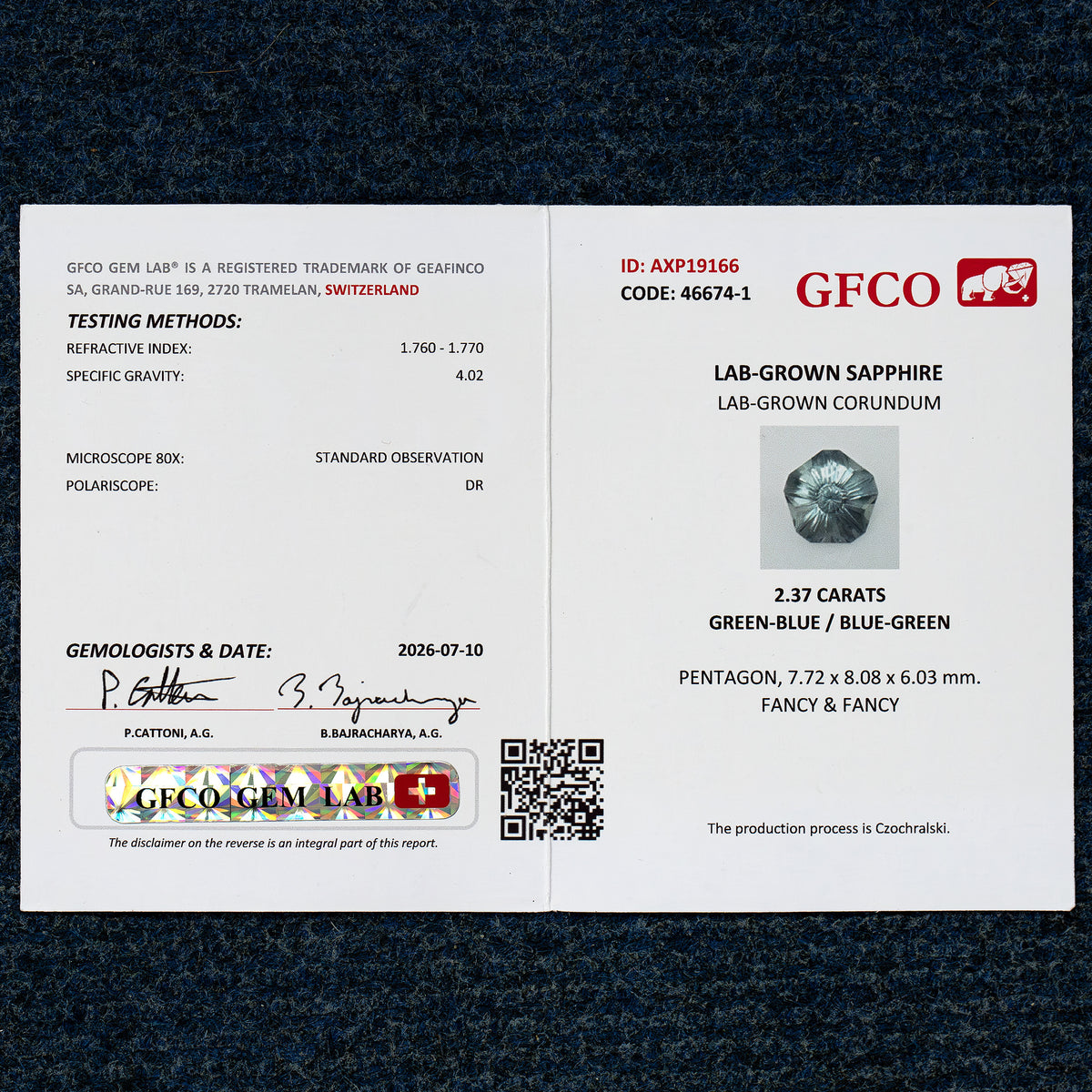GFCO report AXP19166 for BLS168, recording a 2.37 ct lab-grown sapphire and its measurements and identification details.