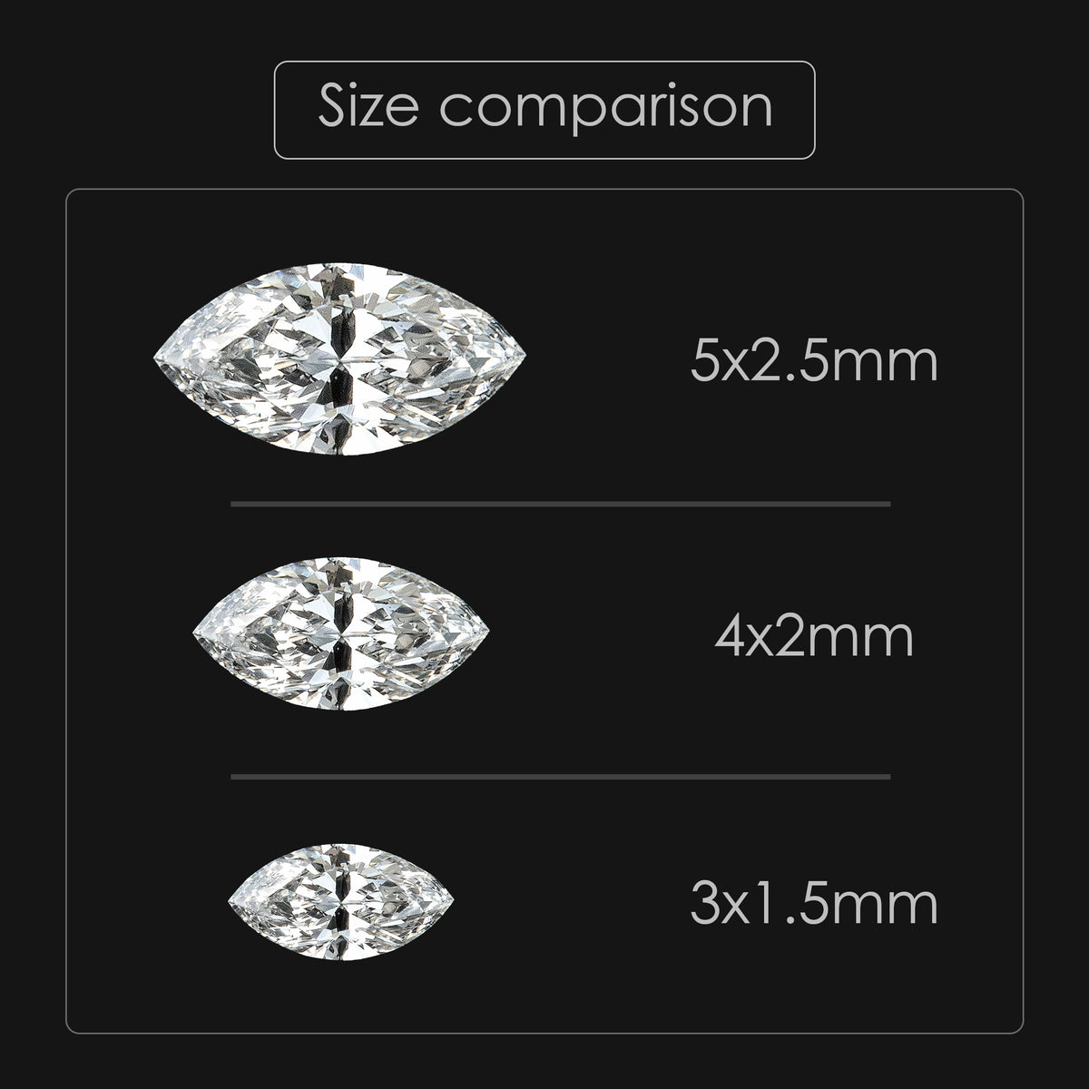 Marquise size-comparison graphic labeled 5x2.5 mm, 4x2 mm and 3x1.5 mm; the offered listing size is 5x2.5 mm.