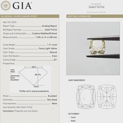 GIA Certified 1.71ct. Fancy Light Yellow Loose Natural Diamond Cushion SI1 Untreated|Certificate|Genuine|Yellow Diamond