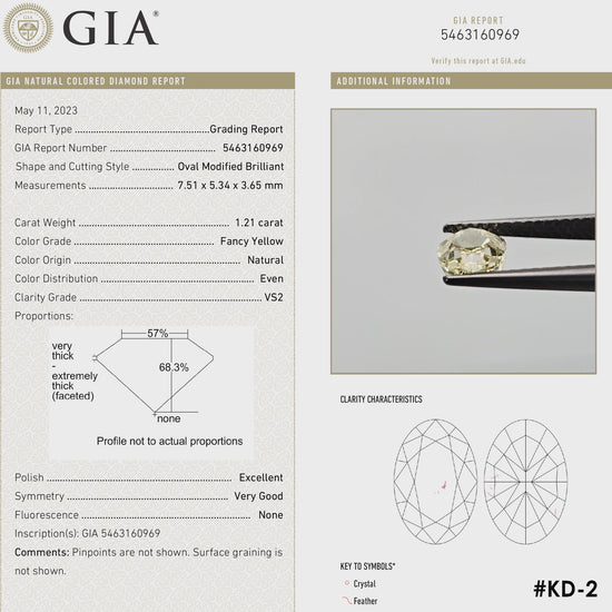 Square-format video: The yellow oval diamond turns in tweezers and rests against fingertips for scale, alongside its GIA report details.