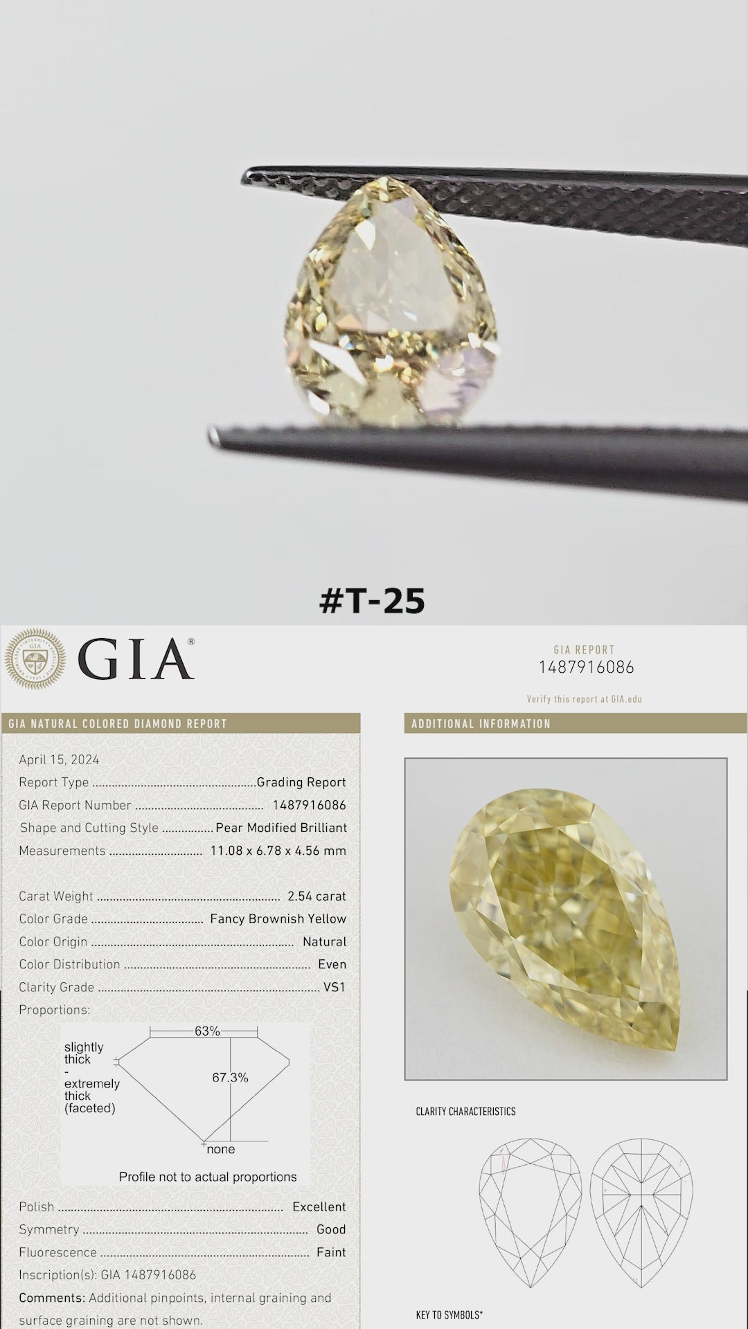 The yellow pear diamond turns in tweezers and rests against fingertips for scale, alongside its GIA report details.