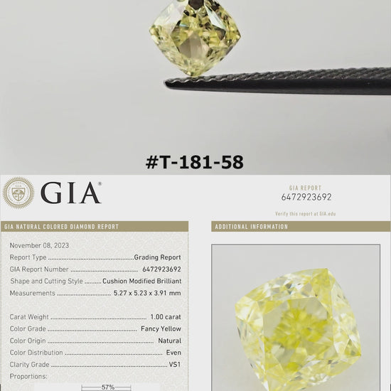 Video of the cushion-shaped yellow diamond T-181-58, shown between tweezers and on fingers from several angles.