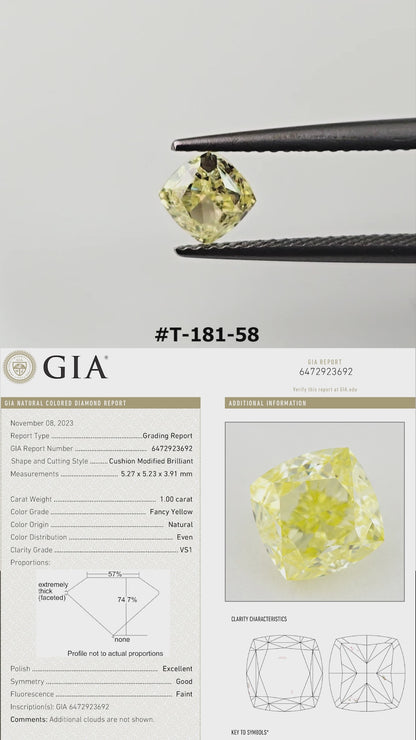 Video of the cushion-shaped yellow diamond T-181-58, shown between tweezers and on fingers from several angles.