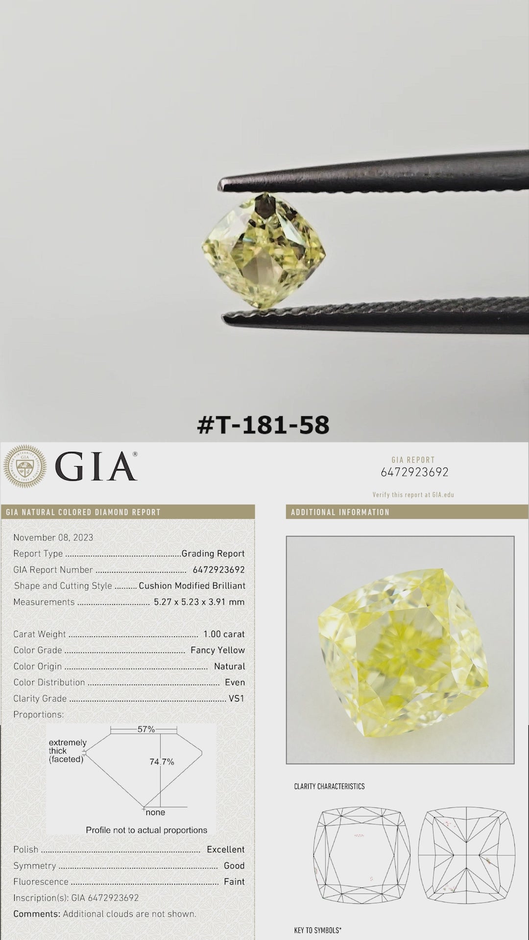 Video of the cushion-shaped yellow diamond T-181-58, shown between tweezers and on fingers from several angles.