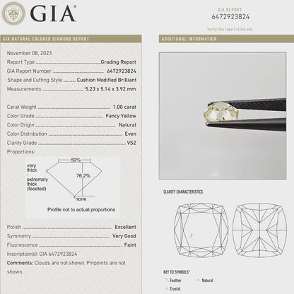 GIA Certified 1.00ct. Fancy Yellow Loose Natural Diamond Cushion VS2 Untreated|Certificate|Genuine|Yellow Diamond