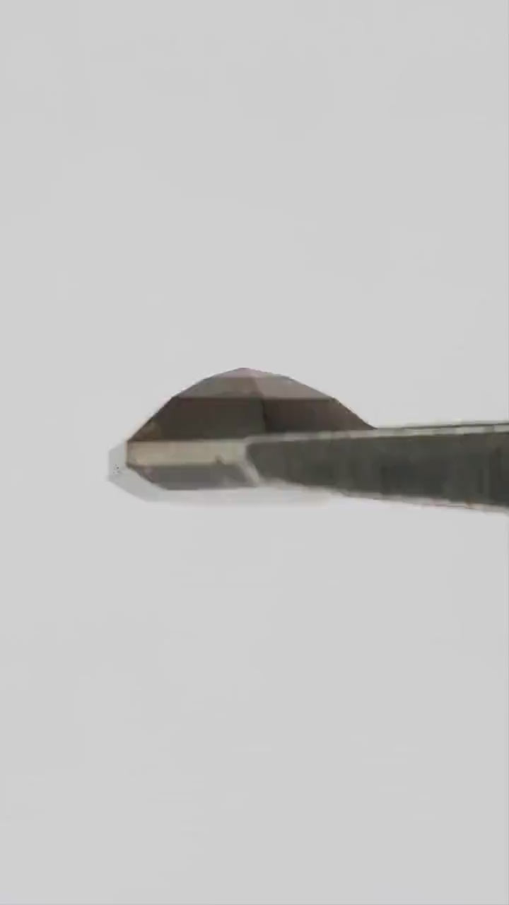H279 dark brown diamond moving between fingertips, showing both faceted faces, warm reflections and realistic scale.
