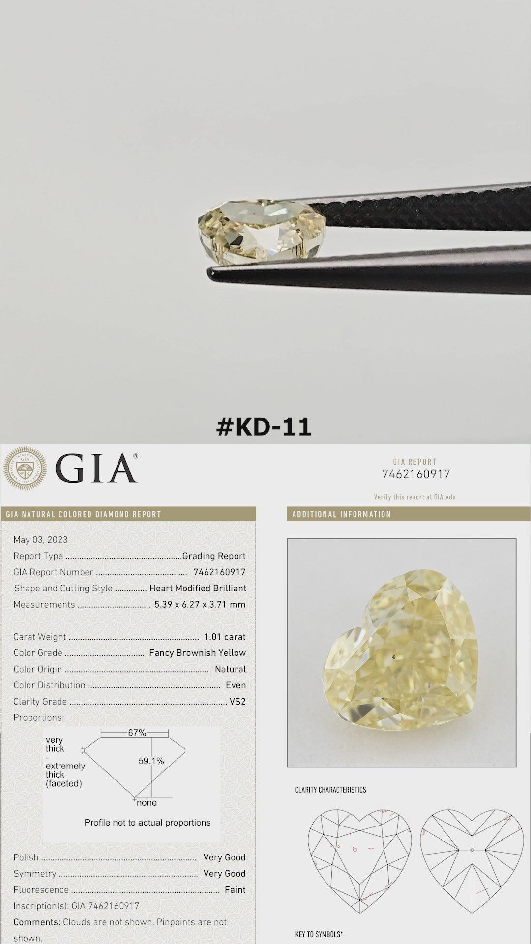 The yellow heart diamond turns in tweezers and rests against fingertips for scale, alongside its GIA report details.