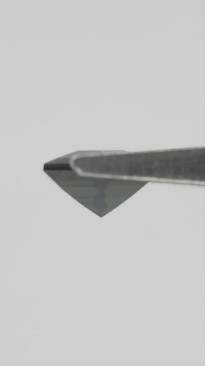 Natural-light video of the exact BNS205 sapphire tilting in tweezers and between fingers, showing changing reflections and scale.