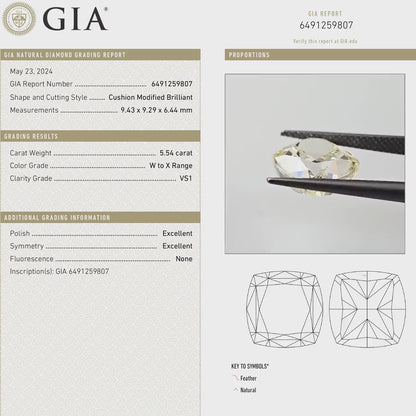 GIA Certified 5.54ct. W to X range Yellow Loose Natural Diamond Cushion VS1 Untreated|Certificate|Genuine|Yellow Diamond
