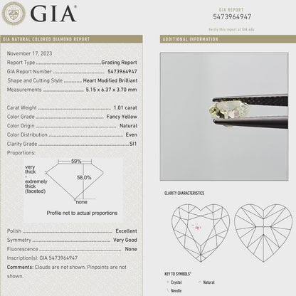 GIA Certified 1.01ct. Fancy Yellow Loose Natural Diamond Heart SI1 Untreated|Certificate|Genuine|Yellow Diamond