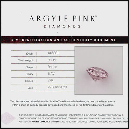 Argyle Certified 0.10ct 7PR Fancy Rose Pink Natural Argyle Pink Diamond Round Brilliant