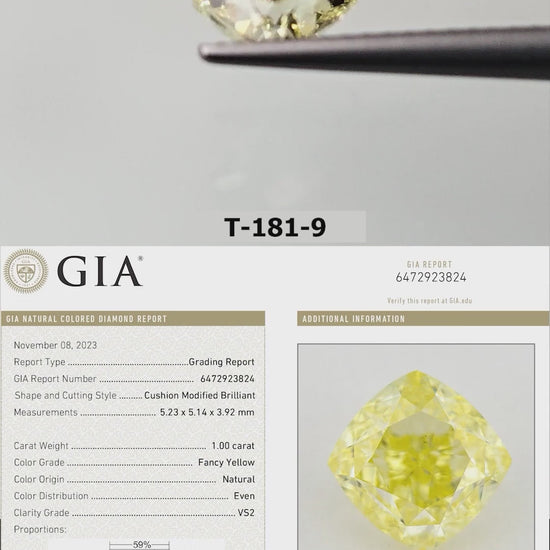 Video of the exact yellow cushion diamond T-181-9, shown from several angles.
