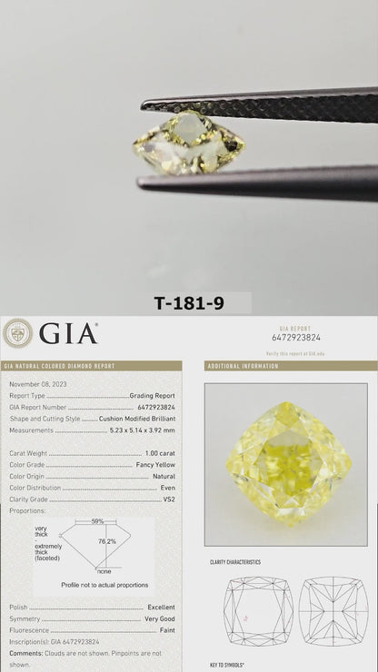 Video of the exact yellow cushion diamond T-181-9, shown from several angles.