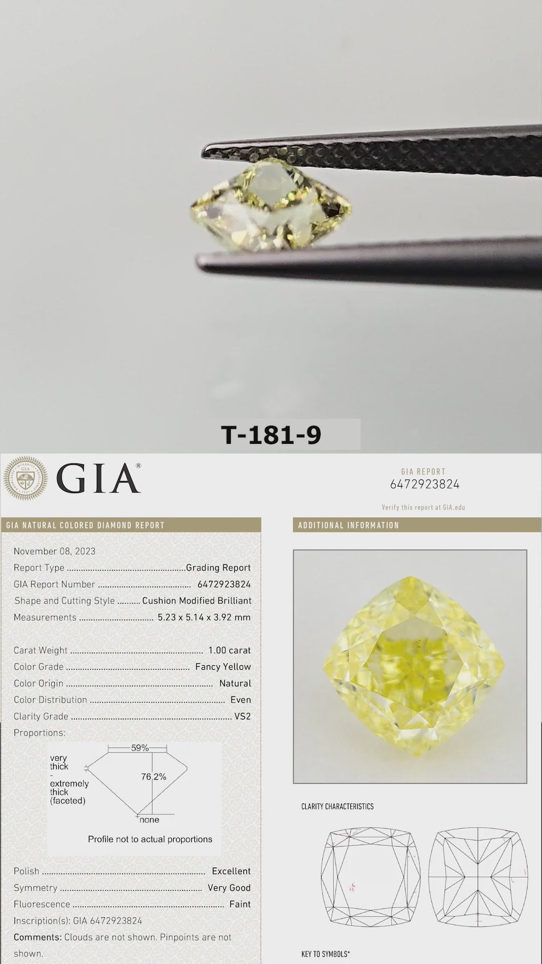 Video of the exact yellow cushion diamond T-181-9, shown from several angles.