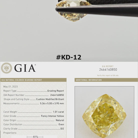 Yellow natural diamond rotating in tweezers and resting on fingertips for scale, with its corresponding GIA report beneath.