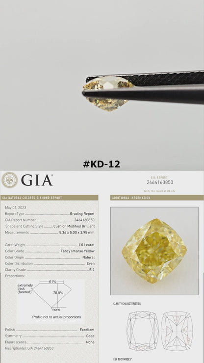 Yellow natural diamond rotating in tweezers and resting on fingertips for scale, with its corresponding GIA report beneath.
