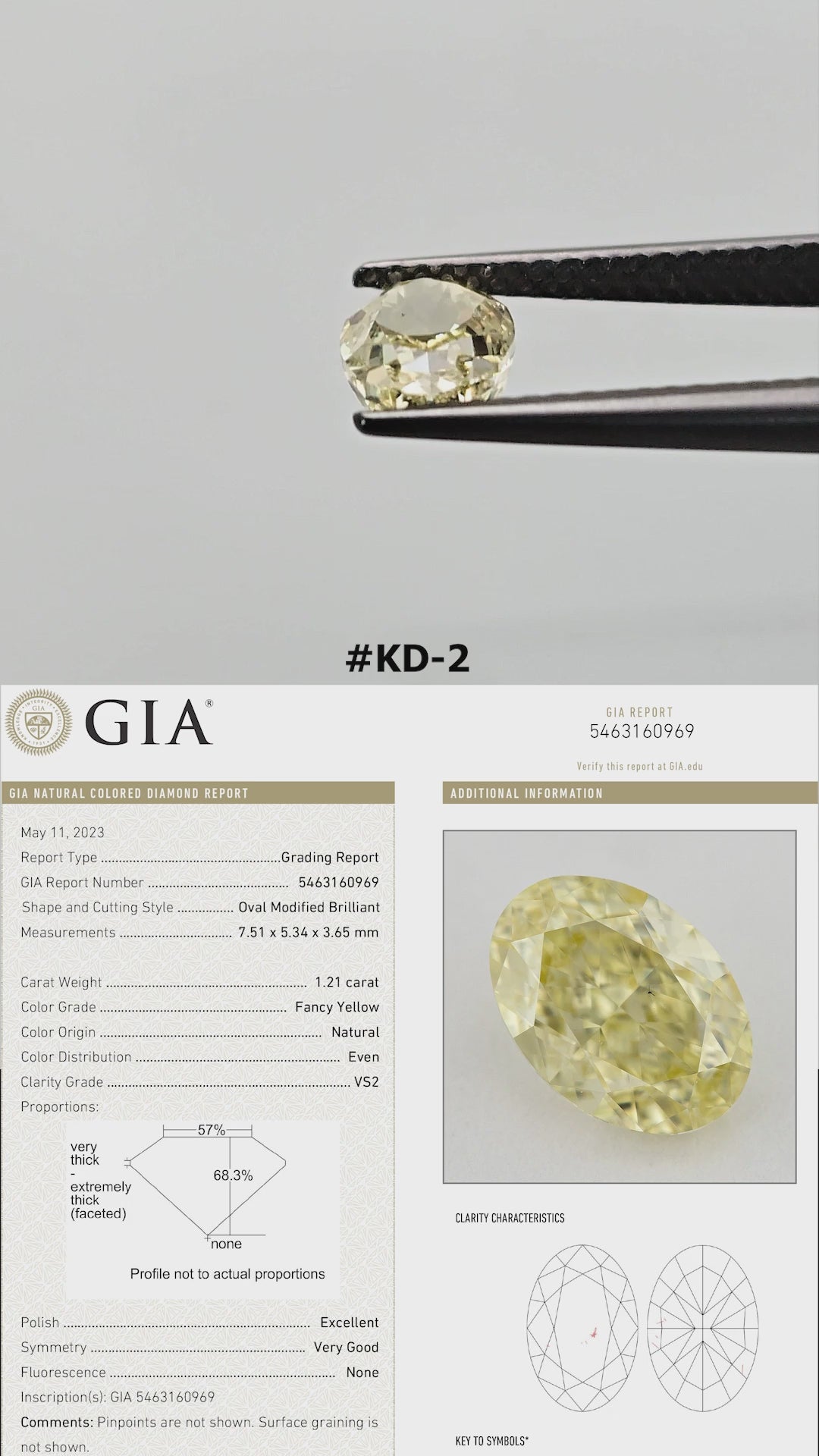 Portrait-format video: The yellow oval diamond turns in tweezers and rests against fingertips for scale, alongside its GIA report details.