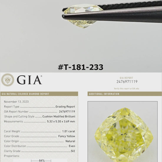 Video of the cushion-shaped yellow diamond T-181-233, shown between tweezers and on fingers from several angles.
