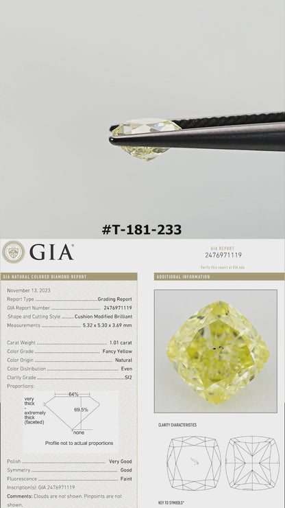 Video of the cushion-shaped yellow diamond T-181-233, shown between tweezers and on fingers from several angles.
