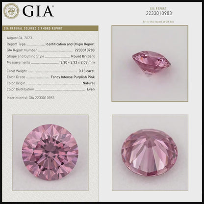 GIA Certified 0.13ct Fancy Intense Purplish Pink Natural Argyle Pink Diamond Round Brilliant VS1