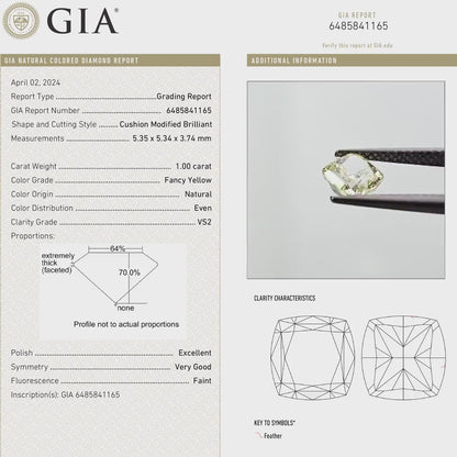 GIA Certified 1.00ct. Fancy Yellow Loose Natural Diamond Cushion VS2 Untreated|Certificate|Genuine|Yellow Diamond