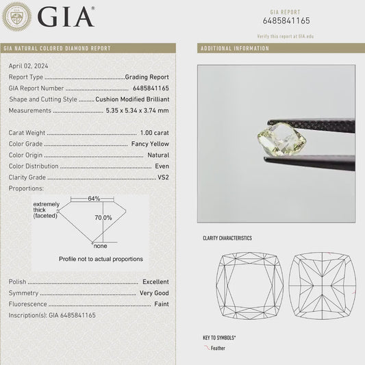 GIA Certified 1.00ct. Fancy Yellow Loose Natural Diamond Cushion VS2 Untreated|Certificate|Genuine|Yellow Diamond