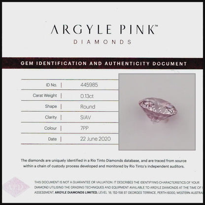 Argyle Certified 0.13ct 7PP Fancy Pink Natural Argyle Pink Diamond Round Brilliant