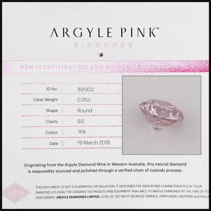 Argyle Certified 0.21ct 7PR Fancy Rose Pink Natural Argyle Pink Diamond Round Brilliant