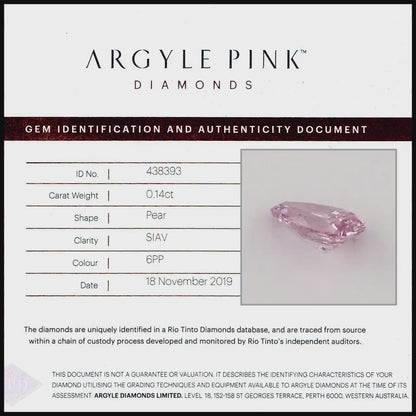 Argyle Certified 0.14ct 6PP Fancy Intense Pink Natural Argyle Pink Diamond Pear Brilliant