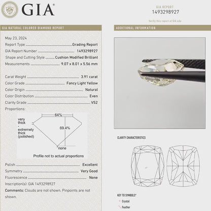 GIA Certified 3.91ct. Fancy Light Yellow Loose Natural Diamond Cushion VS2 Untreated|Certificate|Genuine|Yellow Diamond