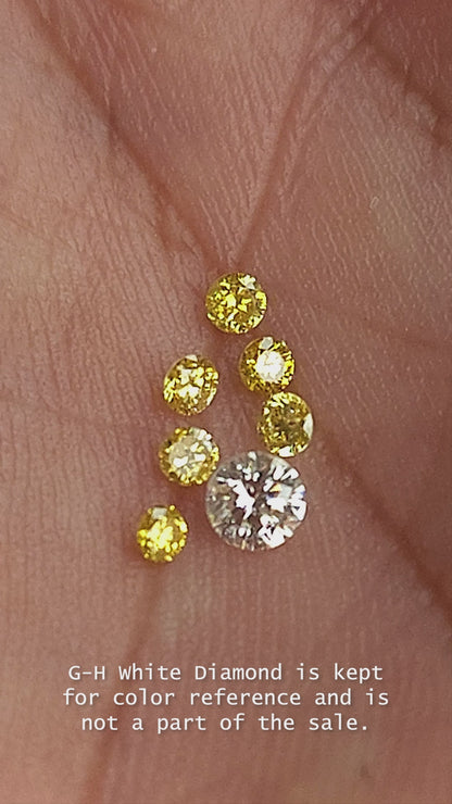 Six natural canary yellow diamonds in motion; the white comparison diamond is excluded.