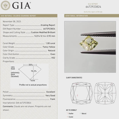 GIA Certified 1.00ct. Fancy Yellow Loose Natural Diamond Cushion VS2 Untreated|Certificate|Genuine|Yellow Diamond
