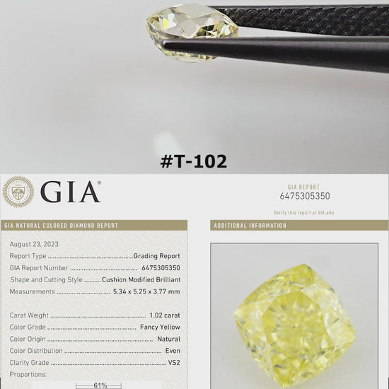 Video of the exact yellow cushion diamond T-102, shown from several angles.