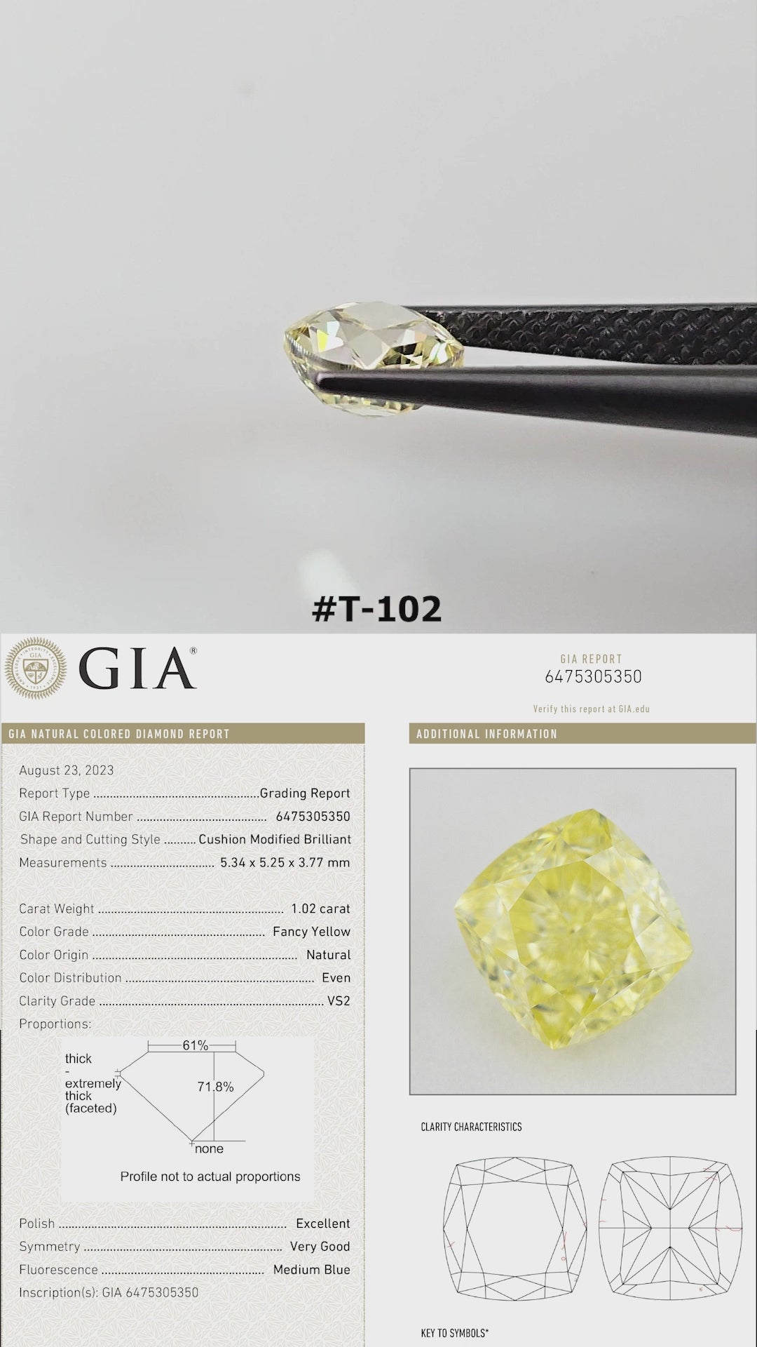 Video of the exact yellow cushion diamond T-102, shown from several angles.