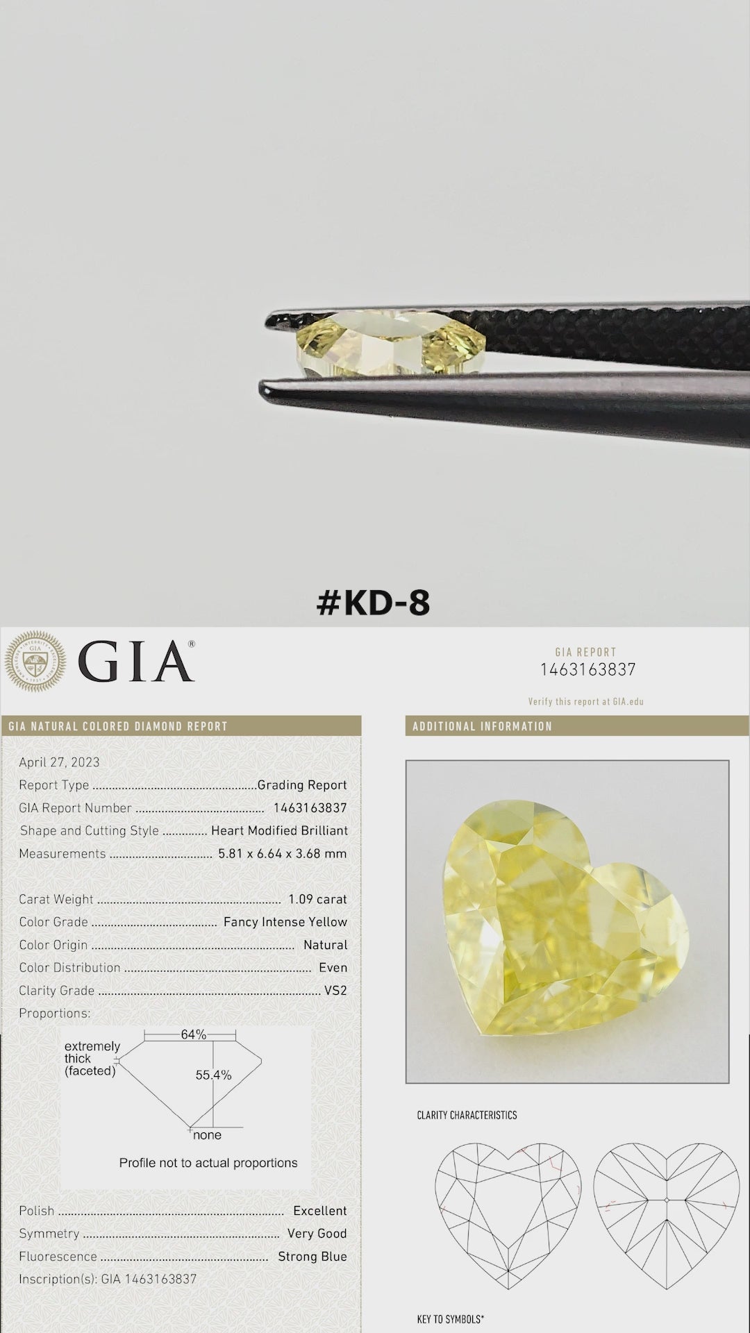 The yellow heart diamond turns in tweezers and rests against fingertips for scale, alongside its GIA report details.