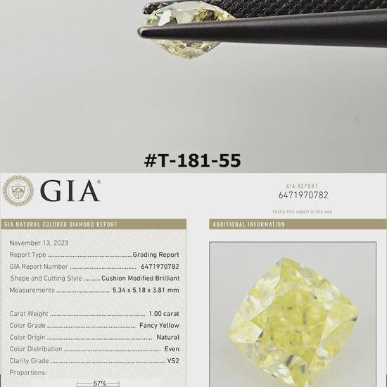 Video of the exact yellow cushion diamond T-181-55, shown from several angles.