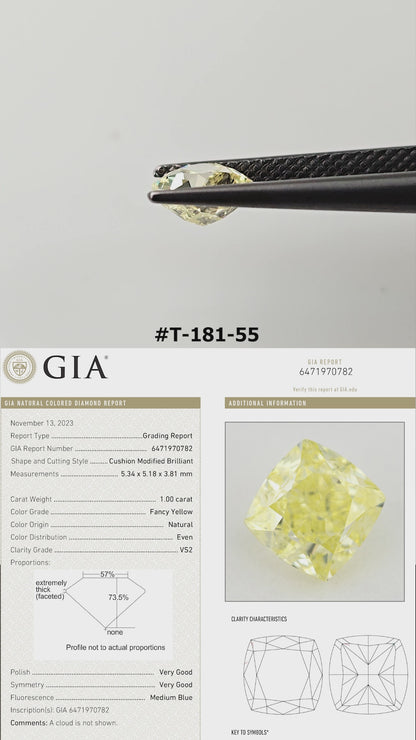 Video of the exact yellow cushion diamond T-181-55, shown from several angles.