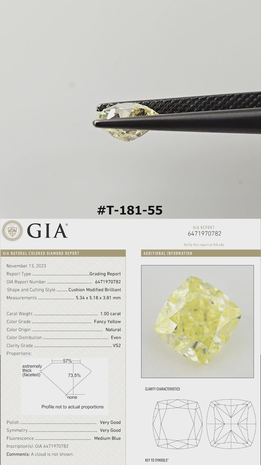Video of the exact yellow cushion diamond T-181-55, shown from several angles.